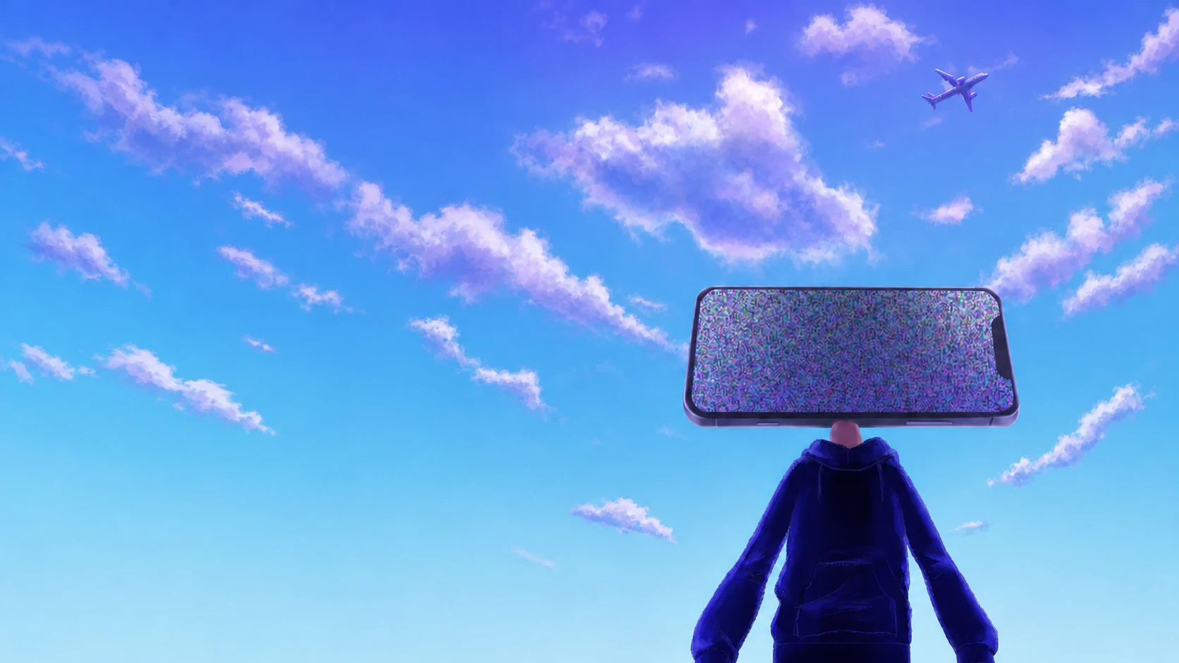 Fawaz stands beneath a static-filled screen while an airplane crosses an open blue sky